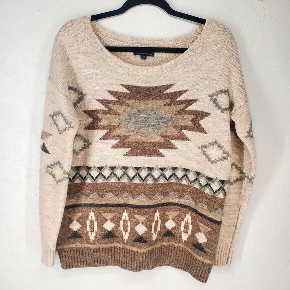 AEO American Eagle Neutral Aztec Southwest Knit Sweater Wool Blend Size Medium - Picture 1 of 7
